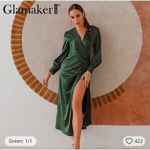 Glamarker green sexy deep V neck long side slit, long sleev dress size large